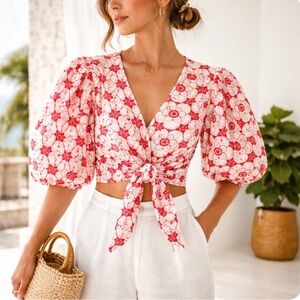 Lisa Marie Fernandez Floral Eyelet Crop Top Wrap Tie Red White Puff Sleeve, S